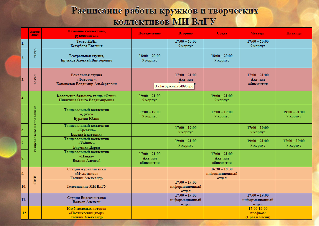 Школа точка расписание. Расписание кружков. Расписание работы кружков. План работы творческого коллектива. План работы кружков.